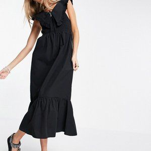 Topshop oversized collar shirred midi dress in black